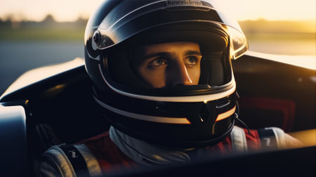 Close up portrait of young man in helmet driving a sports car.の素材
