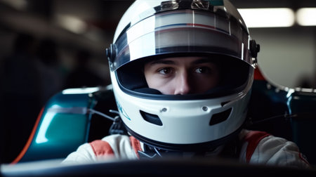 Portrait of a young man driving a racing car in a raceの素材