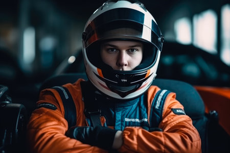 Portrait of a young man in a helmet and racing suit.の素材