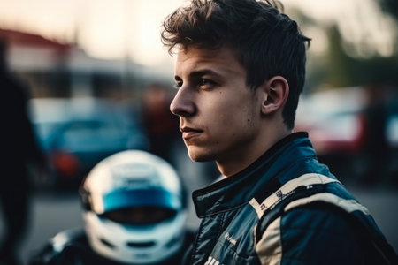 Portrait of a young man in a motorcycle helmet on the street.の素材