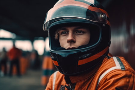 Portrait of a female racer in helmet and orange overalls.の素材
