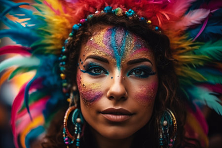 beautiful african american woman in colorful carnival costume looking at cameraの素材