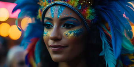 Portrait of a beautiful woman in a colorful carnival mask.の素材