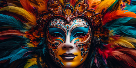 Close-up portrait of a beautiful woman with carnival mask.の素材
