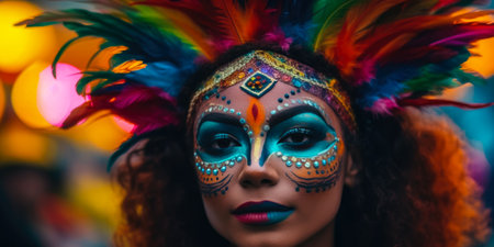 Portrait of beautiful woman with afro hairstyle and make up wearing carnival maskの素材
