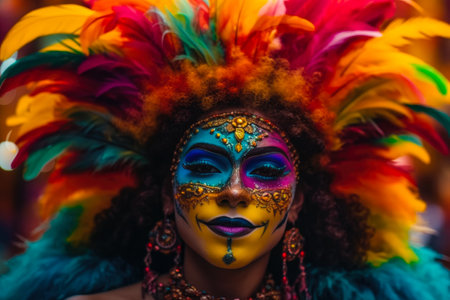 Portrait of beautiful woman wearing colorful carnival mask, Brazilian Carnival,の素材