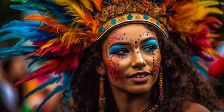 Portrait of a beautiful woman wearing traditional costume during the celebration of Carnival.の素材