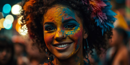 Close up view of a beautiful woman in colorful carnival mask.の素材