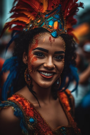 Portrait of a beautiful young woman with bright make-up and carnival mask.の素材