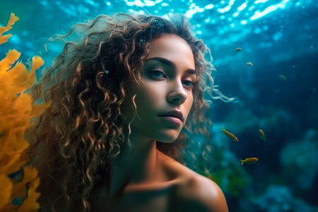 Beautiful young woman with curly hair and tropical fish in aquarium.の素材