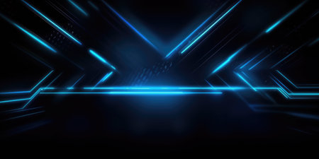 abstract geometric background with neon lights. Glowing neon lights on dark background. dark blue background thumbnail, neon theme.の素材