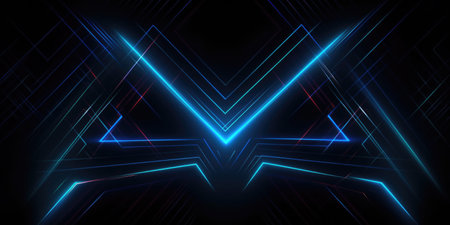 abstract geometric background with neon lights. Glowing neon lights on dark background. dark blue background thumbnail, neon theme.の素材