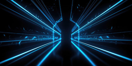abstract geometric background with neon lights. Glowing neon lights on dark background. dark blue background thumbnail, neon theme.の素材
