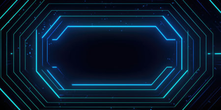 abstract geometric background with neon lights. Glowing neon lights on dark background. dark blue background thumbnail, neon theme.の素材