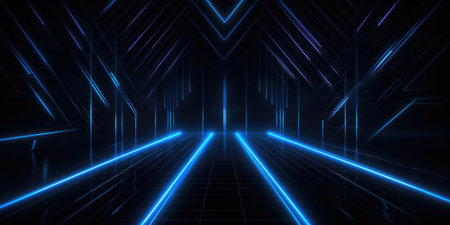 abstract geometric background with neon lights. Glowing neon lights on dark background. dark blue background thumbnail, neon theme.の素材