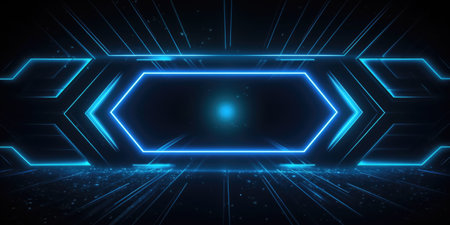 abstract geometric background with neon lights. Glowing neon lights on dark background. dark blue background thumbnail, neon theme.の素材