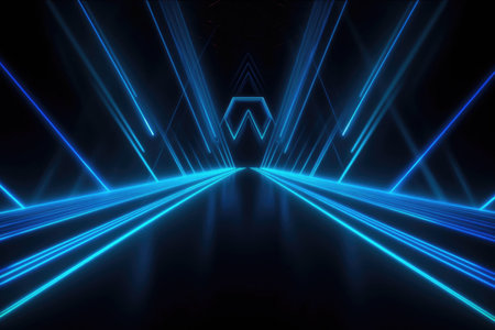 abstract geometric background with neon lights. Glowing neon lights on dark background. dark blue background thumbnail, neon theme.の素材