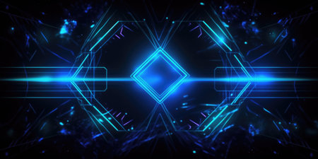 abstract geometric background with neon lights. Glowing neon lights on dark background. dark blue background thumbnail, neon theme.の素材