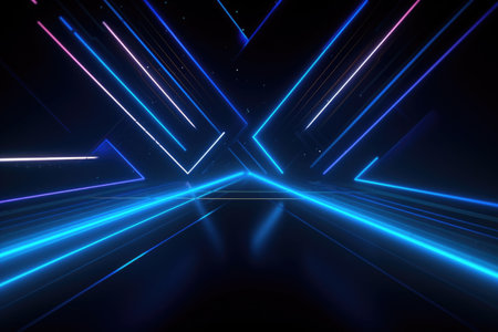 abstract geometric background with neon lights. Glowing neon lights on dark background. dark blue background thumbnail, neon theme.の素材