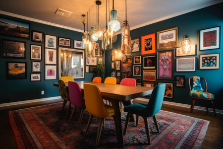 A vibrant and eclectic dining room with colorful mismatched chairs, a statement chandelier, and a gallery wall filled with unique artwork.の素材