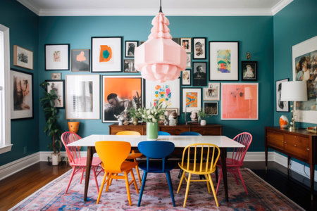 A vibrant and eclectic dining room with colorful mismatched chairs, a statement chandelier, and a gallery wall filled with unique artwork.の素材