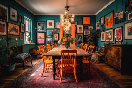 A vibrant and eclectic dining room with colorful mismatched chairs, a statement chandelier, and a gallery wall filled with unique artwork.の素材