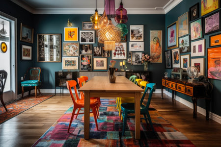 A vibrant and eclectic dining room with colorful mismatched chairs, a statement chandelier, and a gallery wall filled with unique artwork.の素材