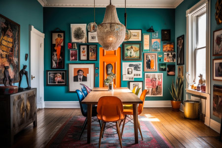 A vibrant and eclectic dining room with colorful mismatched chairs, a statement chandelier, and a gallery wall filled with unique artwork.の素材
