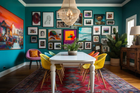 A vibrant and eclectic dining room with colorful mismatched chairs, a statement chandelier, and a gallery wall filled with unique artwork.の素材