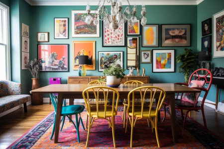 A vibrant and eclectic dining room with colorful mismatched chairs, a statement chandelier, and a gallery wall filled with unique artwork.の素材