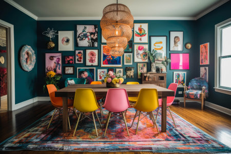 A vibrant and eclectic dining room with colorful mismatched chairs, a statement chandelier, and a gallery wall filled with unique artwork.の素材