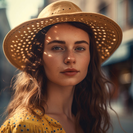Close-up portrait of a beautiful young woman in a straw hatの素材