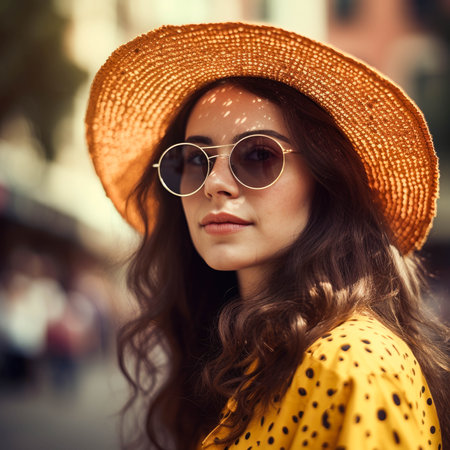 Portrait of a beautiful young brunette woman in hat and sunglassesの素材