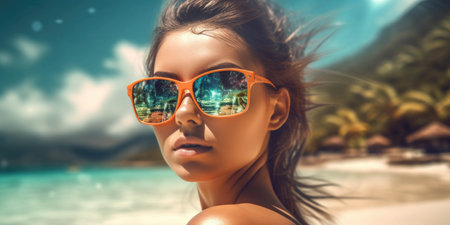 Beautiful young woman in sunglasses on tropical beach.の素材