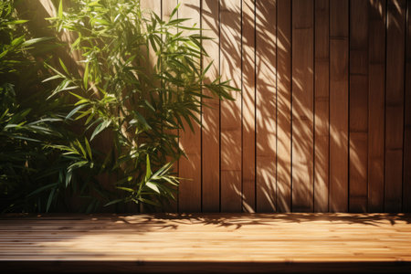 Tropical bamboo tree's leaf shadow delicately dancing on a chestnut wood panel background. Generative AIの素材