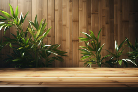 Tropical bamboo tree's leaf shadow delicately dancing on a chestnut wood panel background. Generative AIの素材