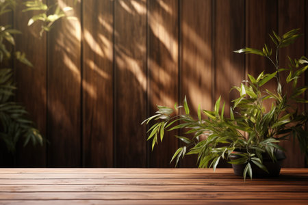 Gently rustling leaves casting a shifting pattern of light on a warm teak wood wall. Generative AIの素材