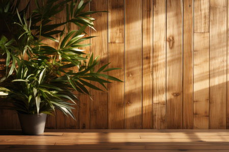 Gently rustling leaves casting a shifting pattern of light on a warm teak wood wall. Generative AIの素材