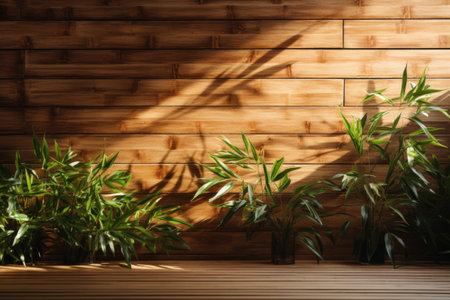 Gently rustling leaves casting a shifting pattern of light on a warm teak wood wall. Generative AIの素材