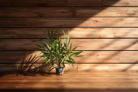 Whispering shadows of verdant foliage swaying on an earth-toned wooden partition. Generative AIの素材