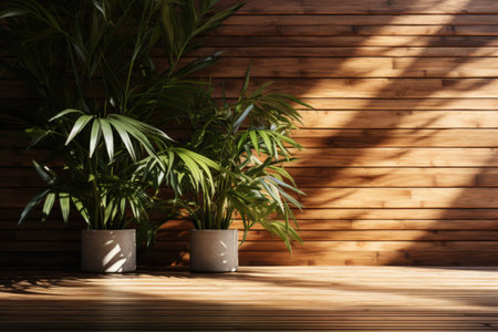 Whispering shadows of verdant foliage swaying on an earth-toned wooden partition. Generative AIの素材