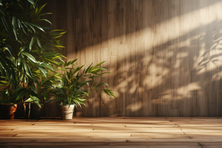 Whispering shadows of verdant foliage swaying on an earth-toned wooden partition. Generative AIの素材