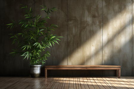 Tropical bamboo tree's leaf shadow delicately dancing on a chestnut wood panel background. Generative AIの素材