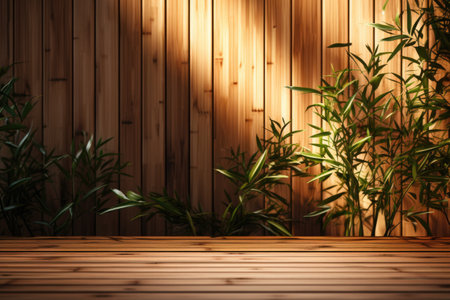 Gently rustling leaves casting a shifting pattern of light on a warm teak wood wall. Generative AIの素材