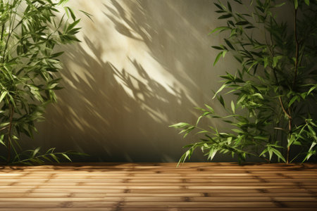 Gently rustling leaves casting a shifting pattern of light on a warm teak wood wall. Generative AIの素材