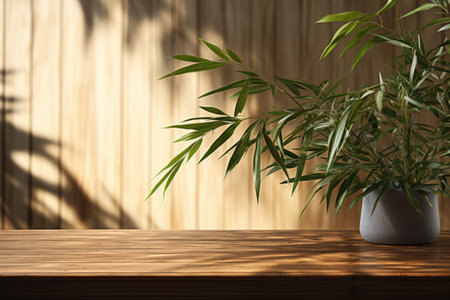 Whispering shadows of verdant foliage swaying on an earth-toned wooden partition. Generative AIの素材