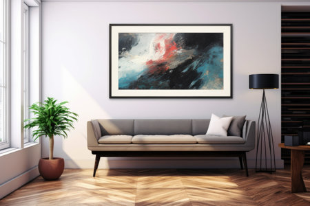 An elegant wall arrangement, featuring a striking abstract painting encased in a chic black frame, enhances the artistic ambiance of the room. Generative AIの素材