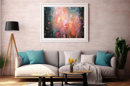 A stylish black frame showcases a mesmerizing abstract artwork, lending a creative flair to the space on the wall. Generative AIの素材