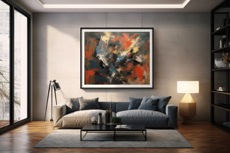 A vibrant abstract piece in a polished black frame sits on the wall, bringing a dash of artistic sophistication to the room. Generative AIの素材