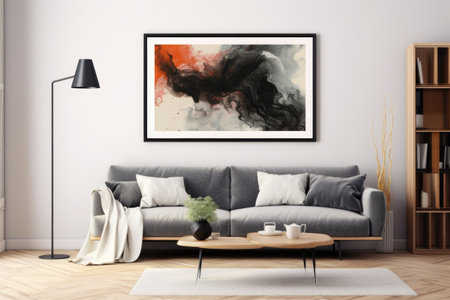 The room gets a boost of artistic charm with a sleek black-framed mockup, displaying a captivating abstract painting. Generative AIの素材